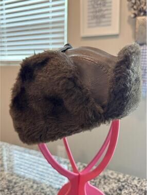 Vintage Brown Leather and Faux Fur Trapper Hat Size Large
